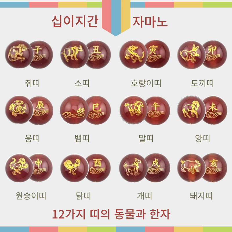 비즈톡 [J1-620-00]원석라운드 8mm 10mm 십이지간 12가지동물 한자 (자마노) ,1개