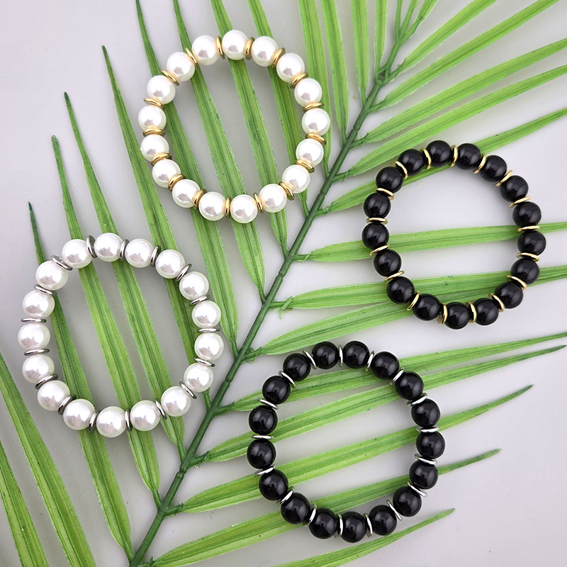 비즈톡 [DIY팔찌] 아크릴진주 써지컬스틸 원판론델 팔찌 #10mm진주 #원판도넛 #와샤론델8mm #우레탄줄0.7mm #흑백팔찌